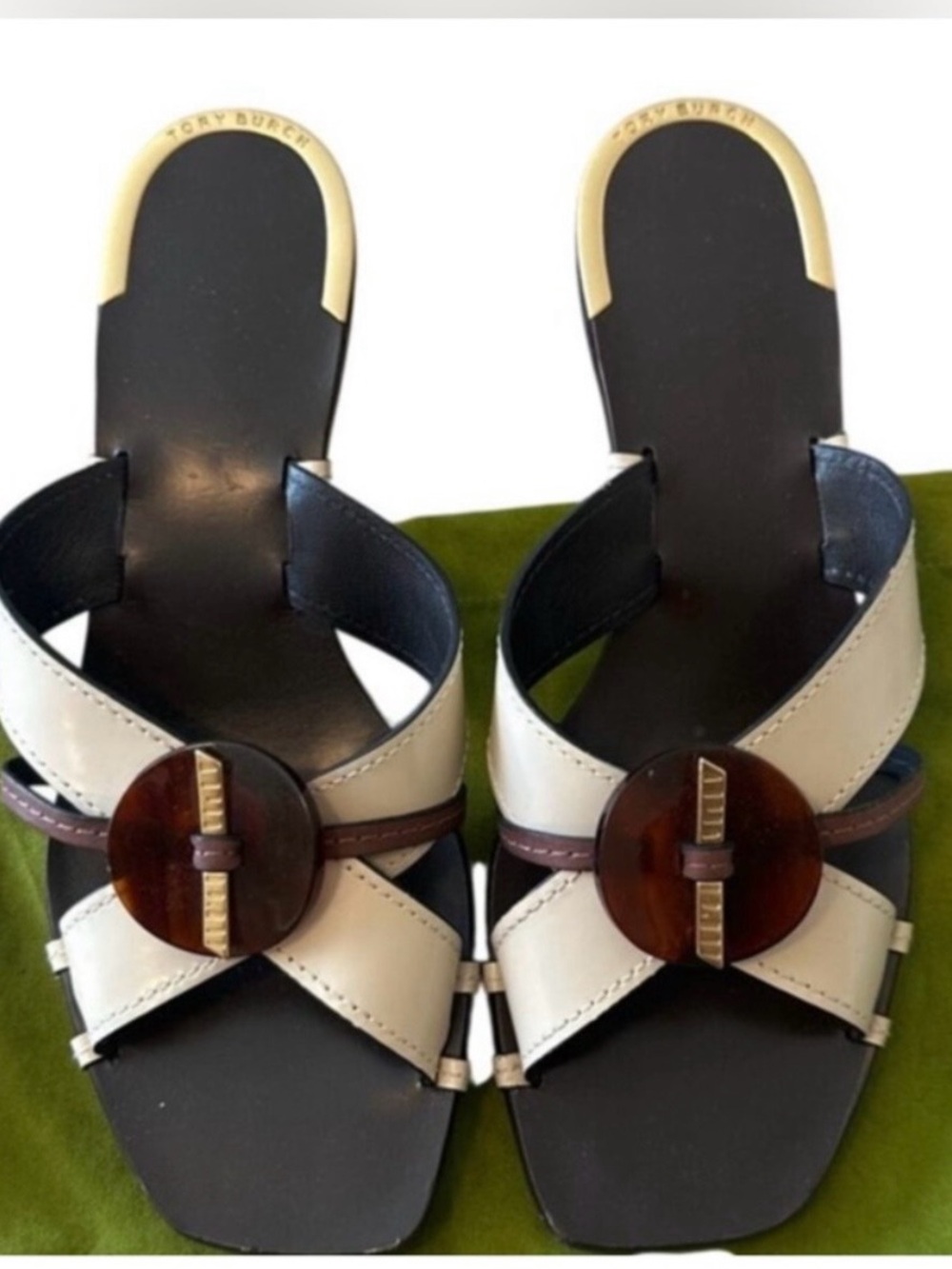 Tory Burch Cream Leather Slide Mules with Tortoiseshell Medallion